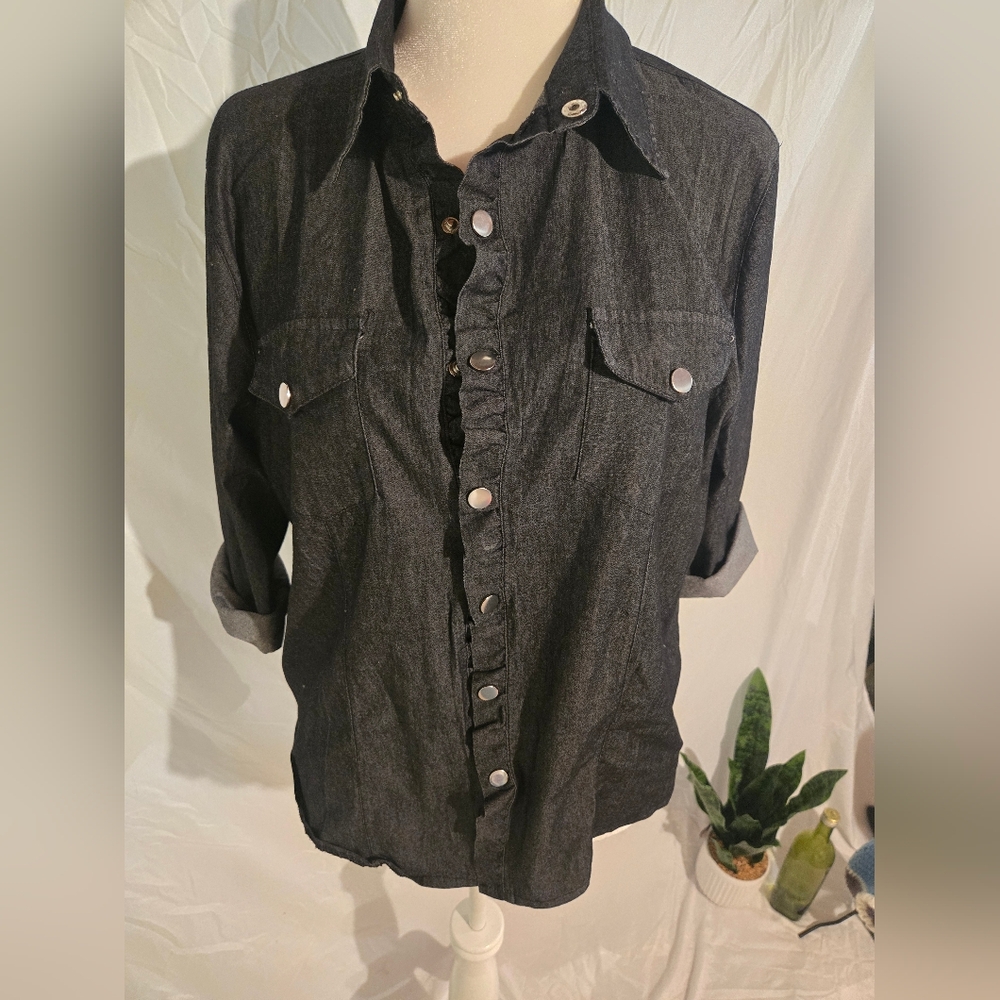 Black Button-Up Denim Shirt With Stretch